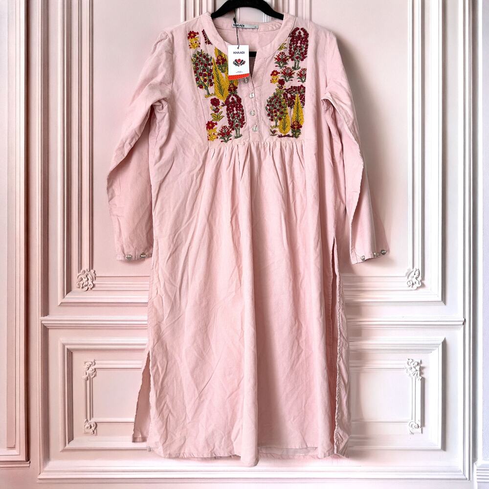 Khaadi NWT Embroidered 100% Cotton Corduroy Kurta Tunic Dress Pink Size S/10